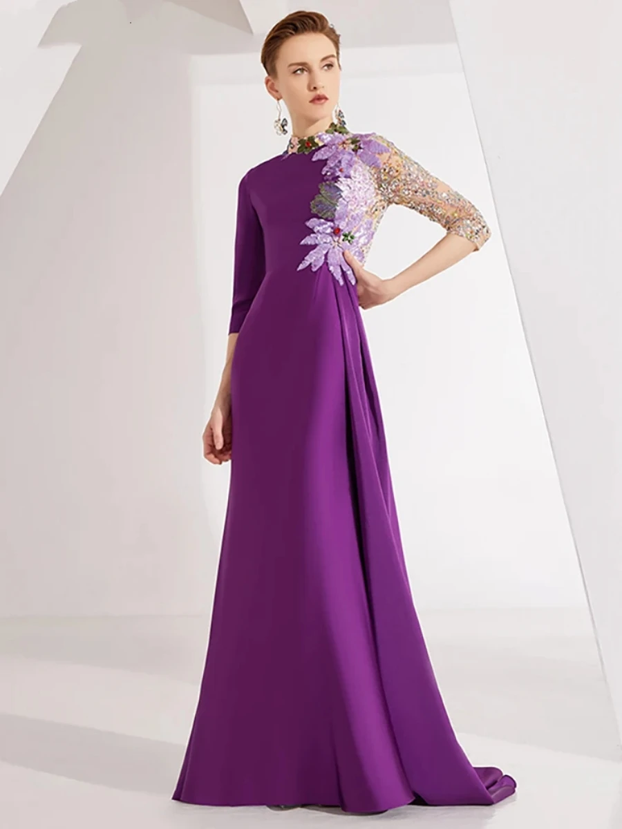 Half Sleeves Purple Evening Dress O-neck Sequins Beadings Formal Occasion Prom Gown Women Elegant Mother of the Bride Dresses