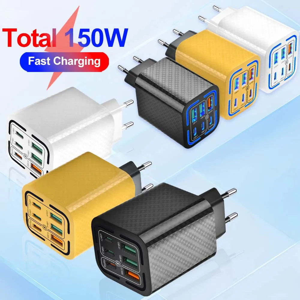 Total 150W USB Charger 6 Ports Type C Fast Charging Mobile Phone Wall Adapter EU/US Plug For iPhone 15 Samsung Xiaomi Huawei