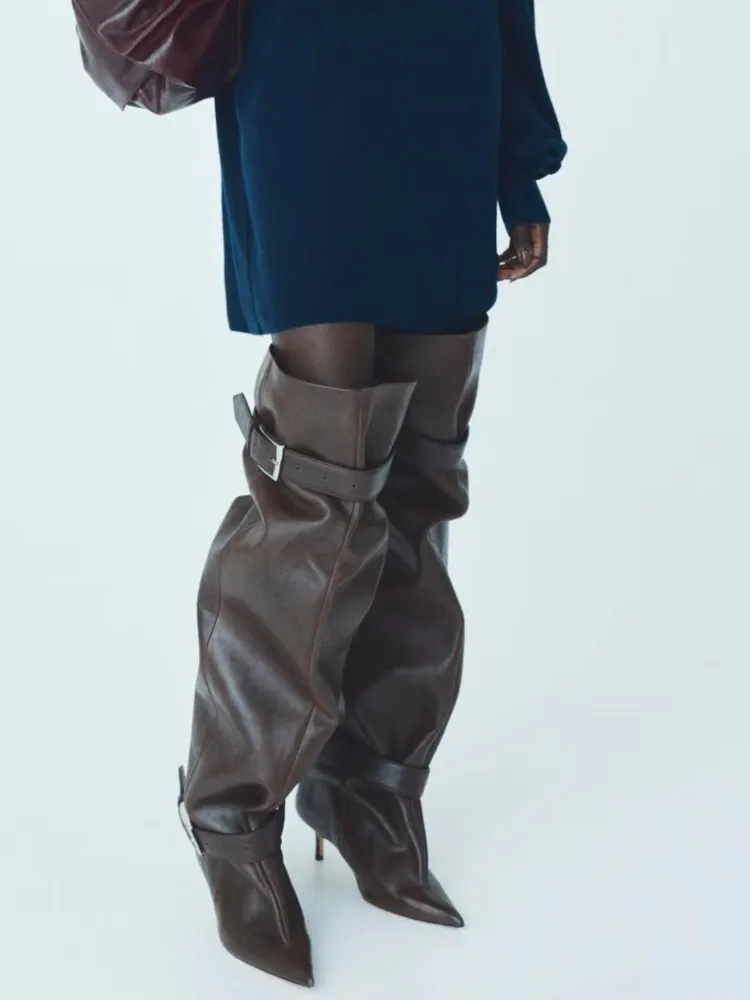 2026 New Pointed Thin Heel Over The Knee Women's Boots with Belt Buckle Wide Tube 35-46 Large Thigh Women's Boots