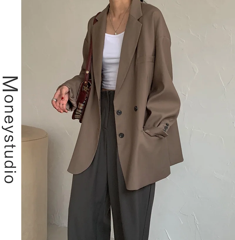 

Повседневный женский костюм оверсайз средней длины, корейский костюм, свободная посадка, осенняя верхняя одежда кофейного цвета