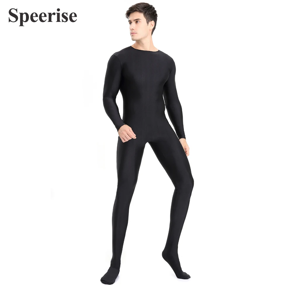 Men Black Spandex Zentai Long Sleeve Halloween Cosplay Unitard Nylon Footer Nylon Yoga Bodysuit Costume Adult Full Body Tights