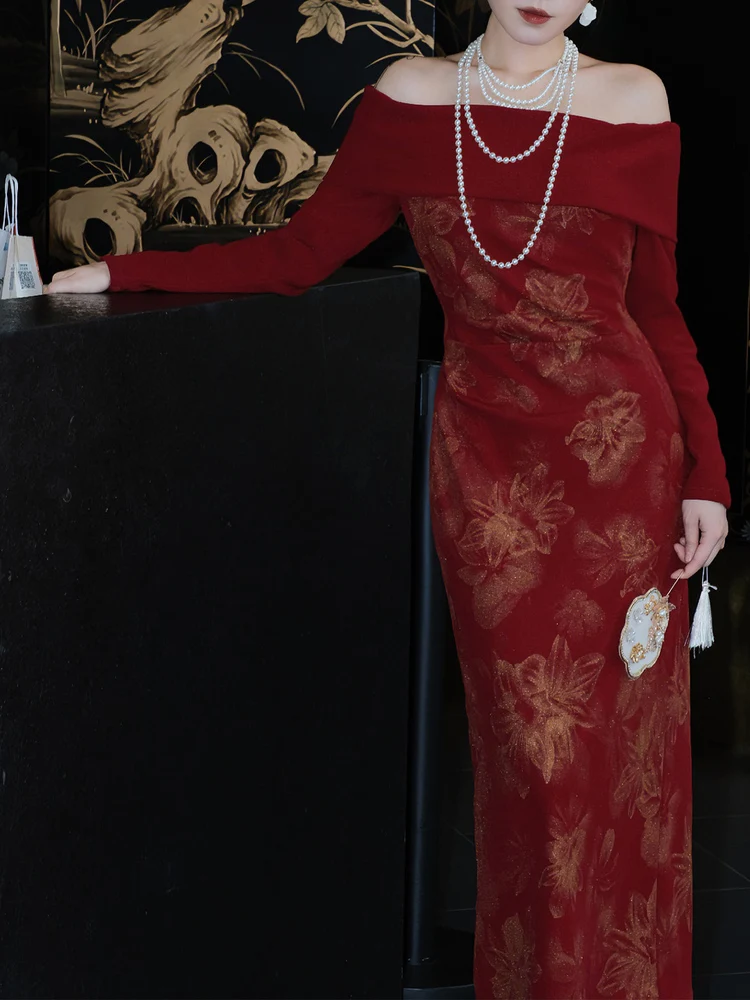 

Красное ретро-платье на одно плечо для женщин с принтом оленей и роз, для свадебных торжеств, облегающее, осенне-зимнее, с длинным рукавом, вечернее платье