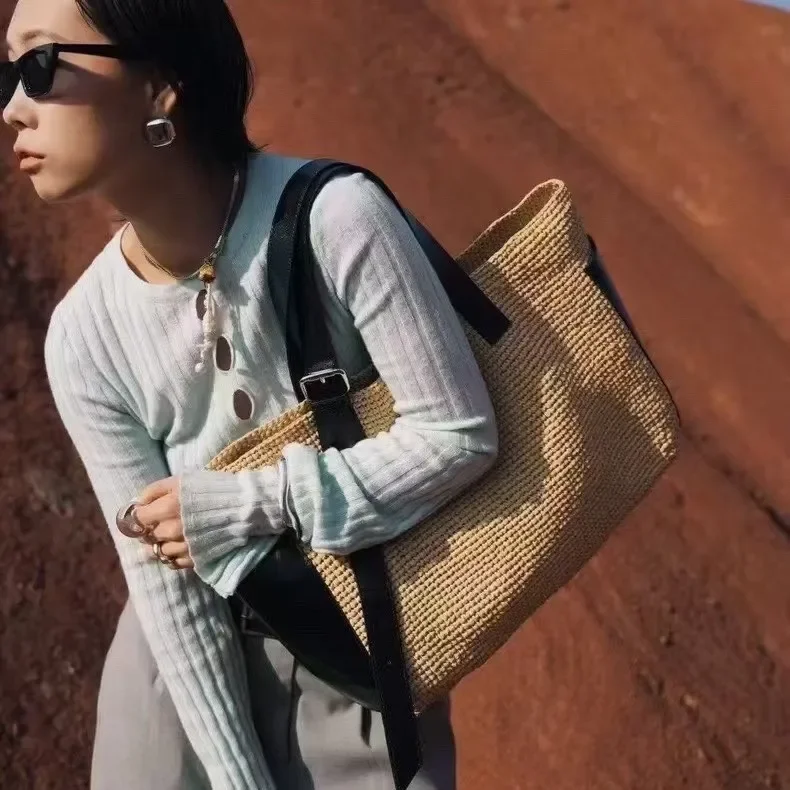 Fashion Pu Leather Patchwork PP Straw Tote Bag Designer Woven Women Handbags Casual Large Capacity Summer Beach Shoulder Bags