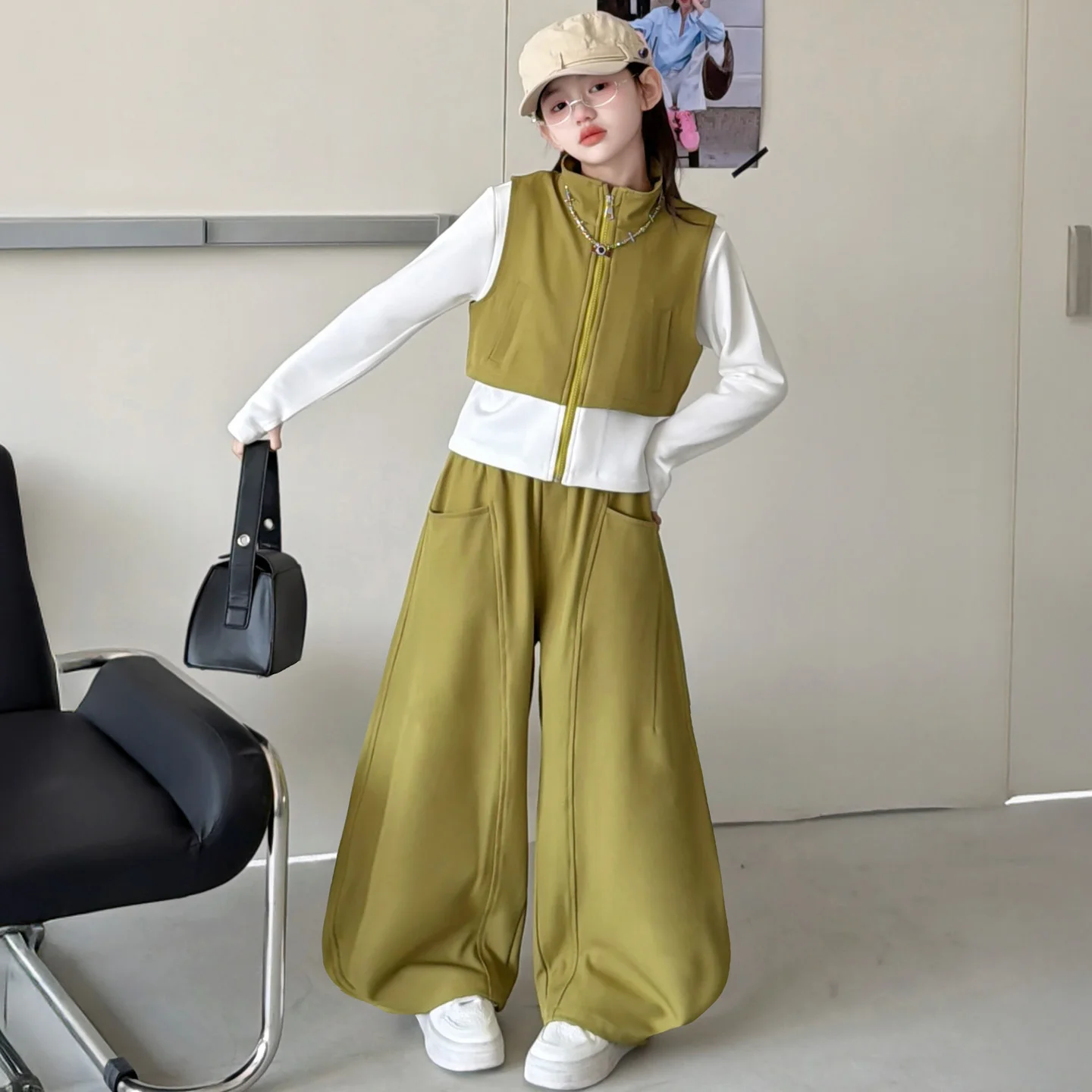 

Детский спортивный костюм для девочек: толстовка на молнии с имитацией двухслойности + брюки с высокой талией и широкими штанинами, повседневный комплект для весны и осени