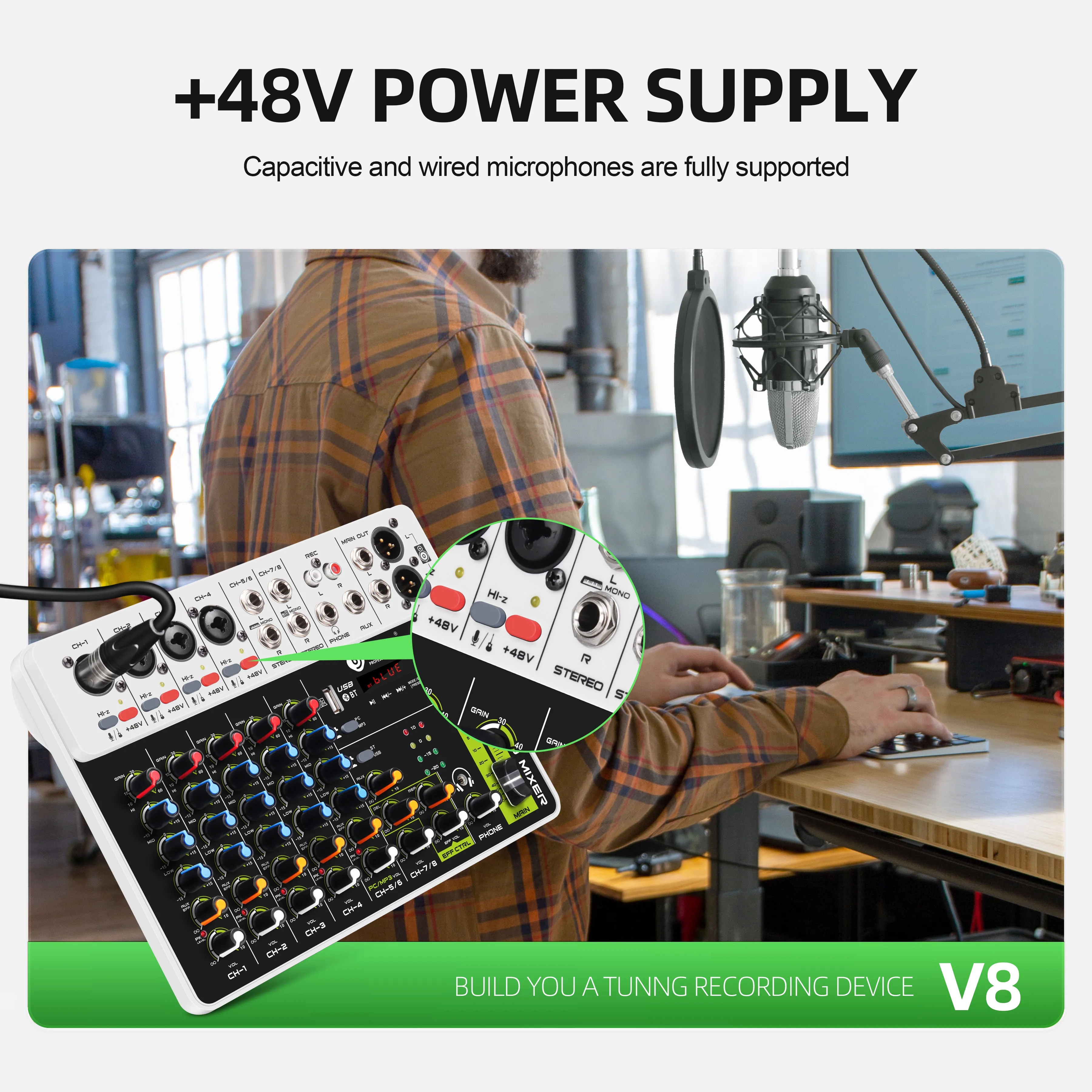 Nieuwe V4/V8 audio-interfacemixer, DJ-controller met Bluetooth USB 48V fantoomvoeding vertraging replay-effect voor computeropname