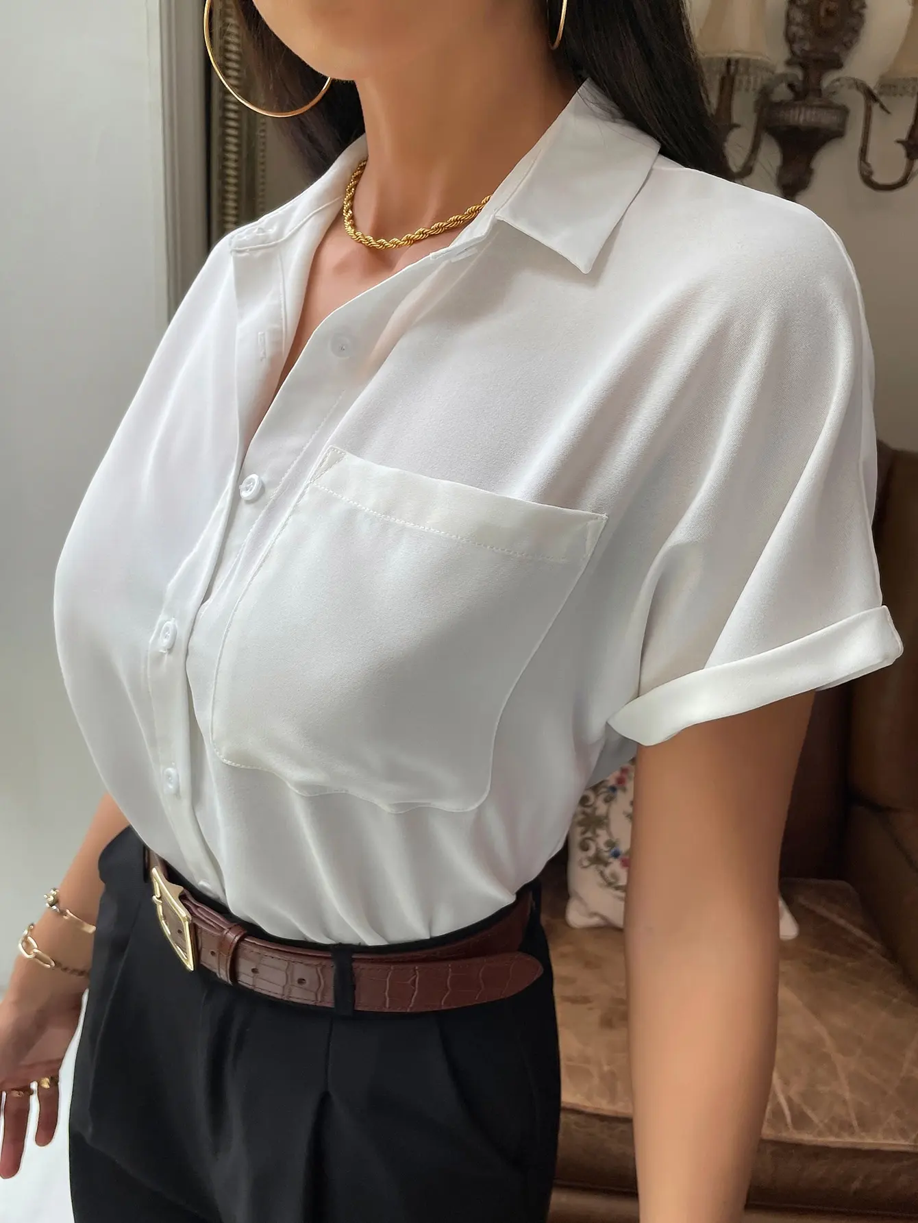 New chiffon short-sleeved shirt blouse, temperament commuting office ladies shirt, summer simple casual fashion versatile shirt