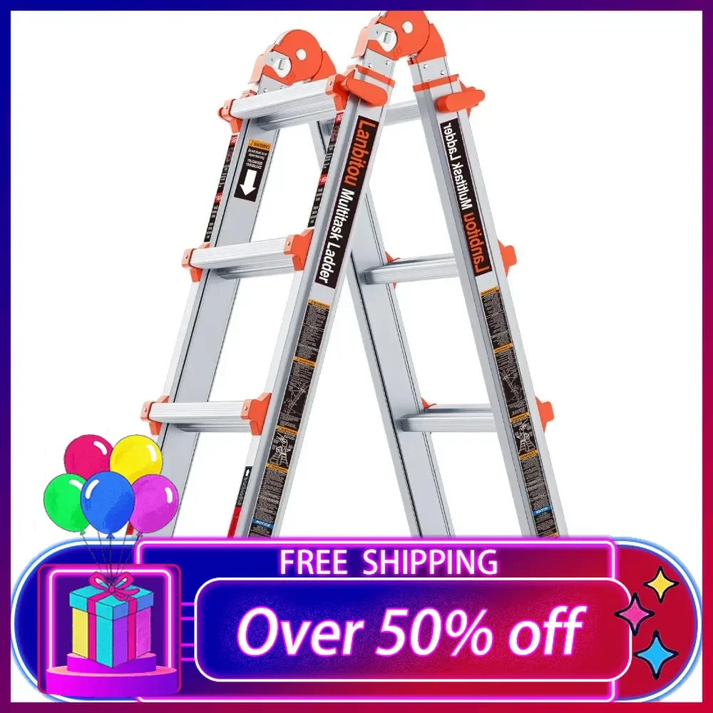 

A Frame 4 Step Ladder Extension,14 FT Anti-Slip Multi Position&Storage Folding Ladder, 330 lbs Load Telescoping Aluminum Ladders