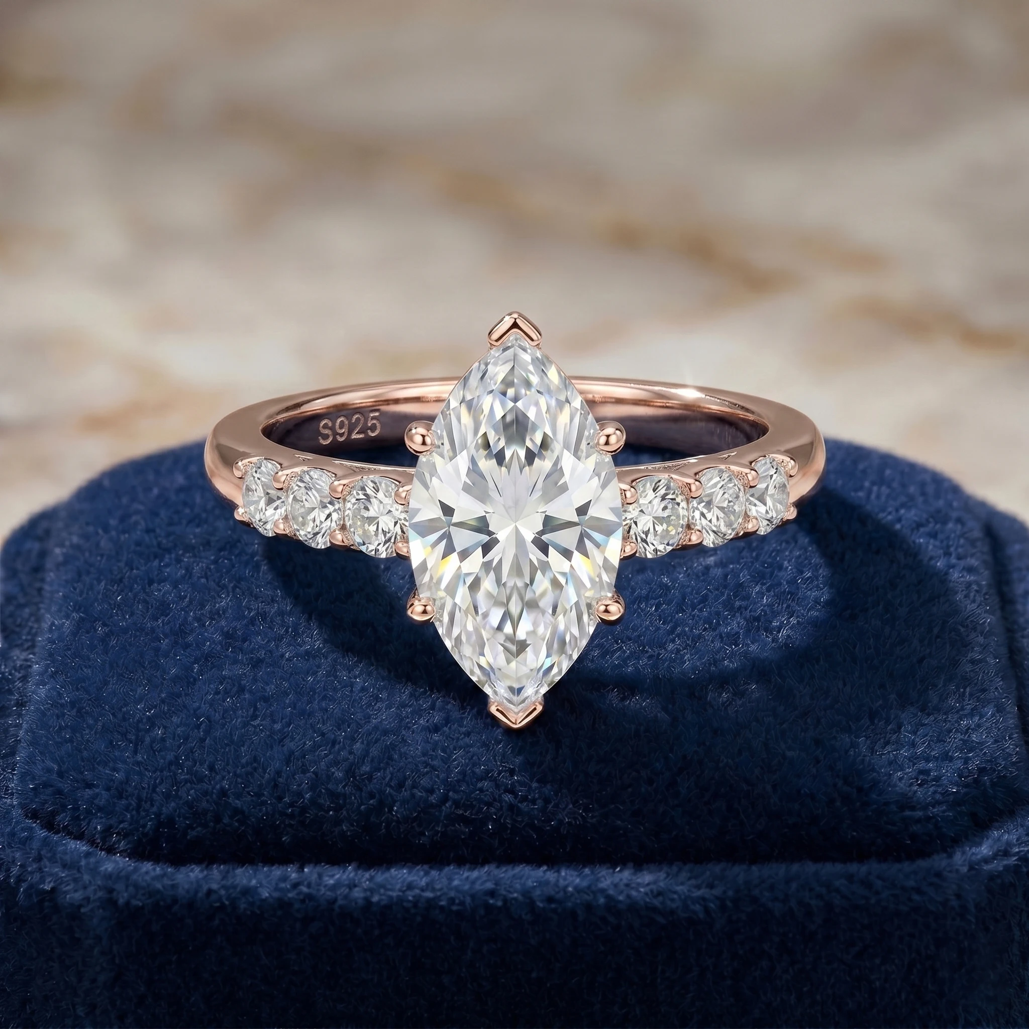 5 Karat Marquise Moissanit-Ring, 925 Sterling Silber, 6-Krappen-Fassung Ehering, Besteht Diamanttester, GRA-Qualität – Detail 15