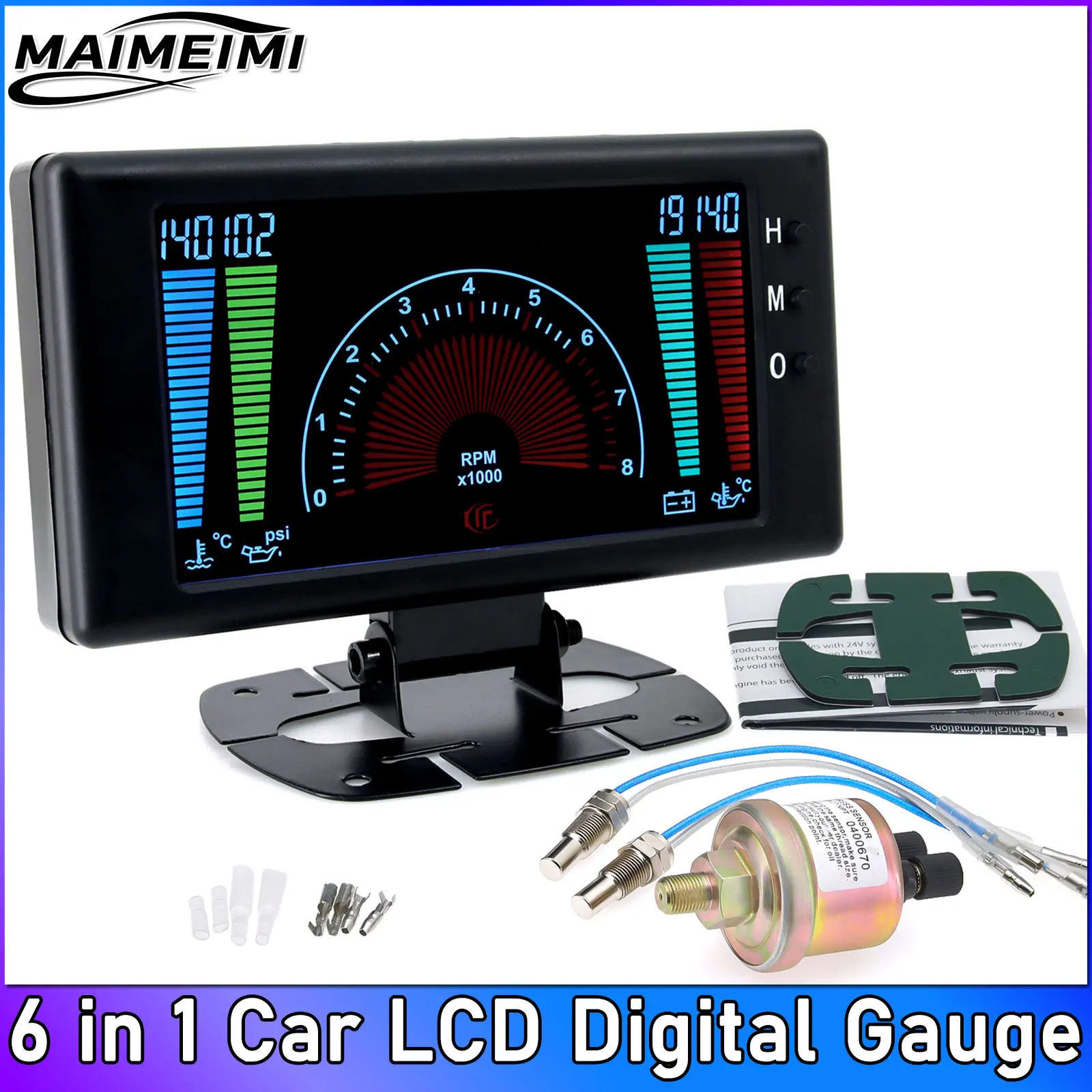 6 in 1 Car LCD Digital Gauge Tachometer Oil Pressure Voltage Water Temperature Oil Temperature 0~8000 RPM Meter Diesel Engine