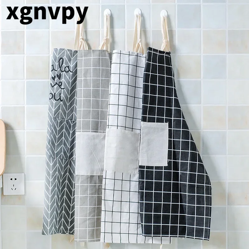 xgnvpy New Adjustable Kitchen Apron for Lady Women Men Hot Fashion High-grade Cotton Linen Cooking Baking Apron