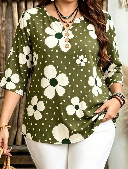 Vintage Large White Floral Polka Dot Printed Blouses Split Notch V Neck Three Wooden Decorative Buttons 3/4 Sleeve Casual Tops