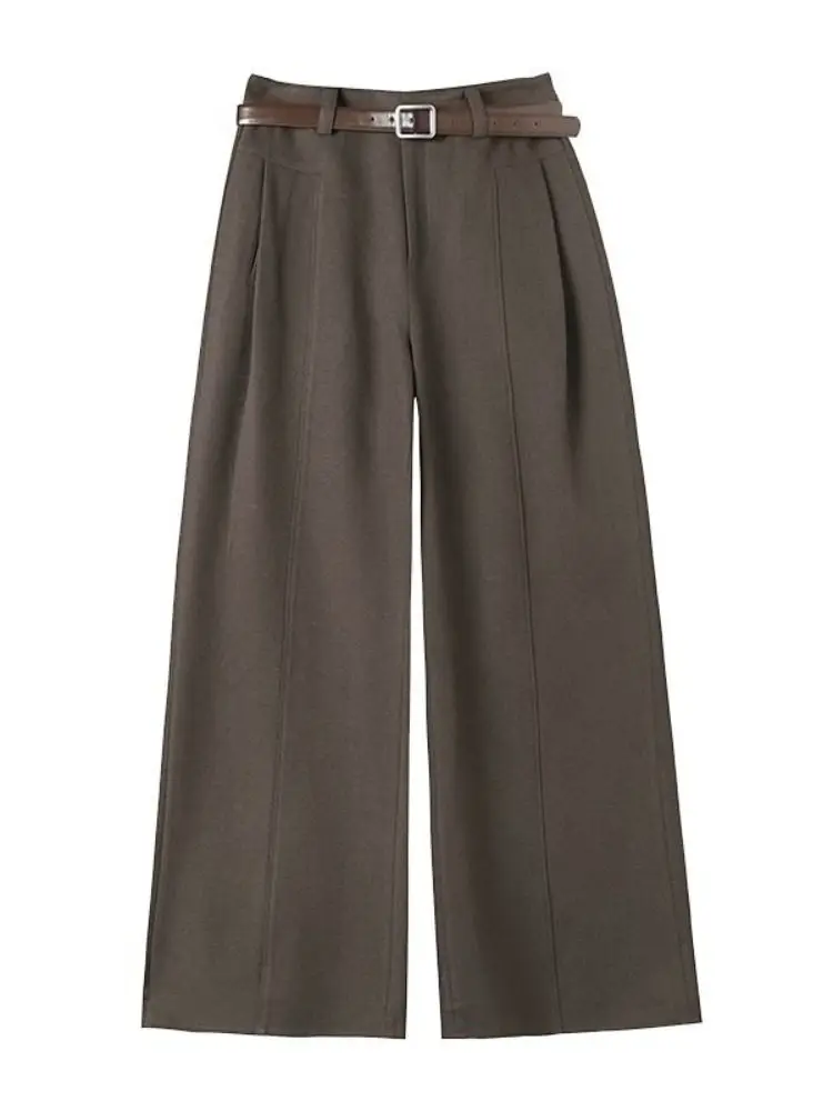 กางเกงขายาวทรงตรงเอวสูงผ้าวูลสำหรับผู้หญิง ฤดูใบไม้ร่วง ฤดูหนาว รุ่นใหม่ บุขนเฟลซ ทรงเข้ารูป สไตล์ลำลอง กางเกงขากว้างสำหรับใส่ทำงาน