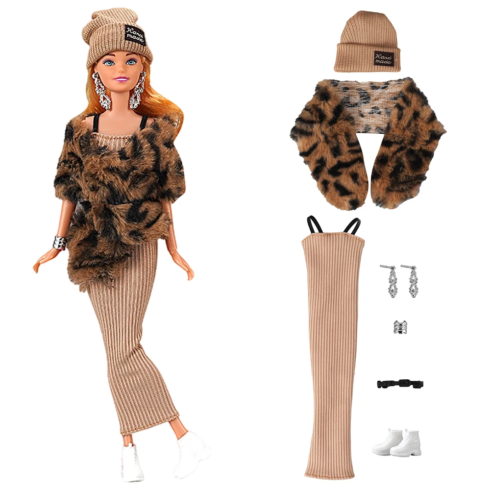 NK 1 Set Doll cute leopard print evening dress: hat+shawl+dress+earrings+belt+shoes+bracelet For Barbie Doll 1/6 Toy accessories