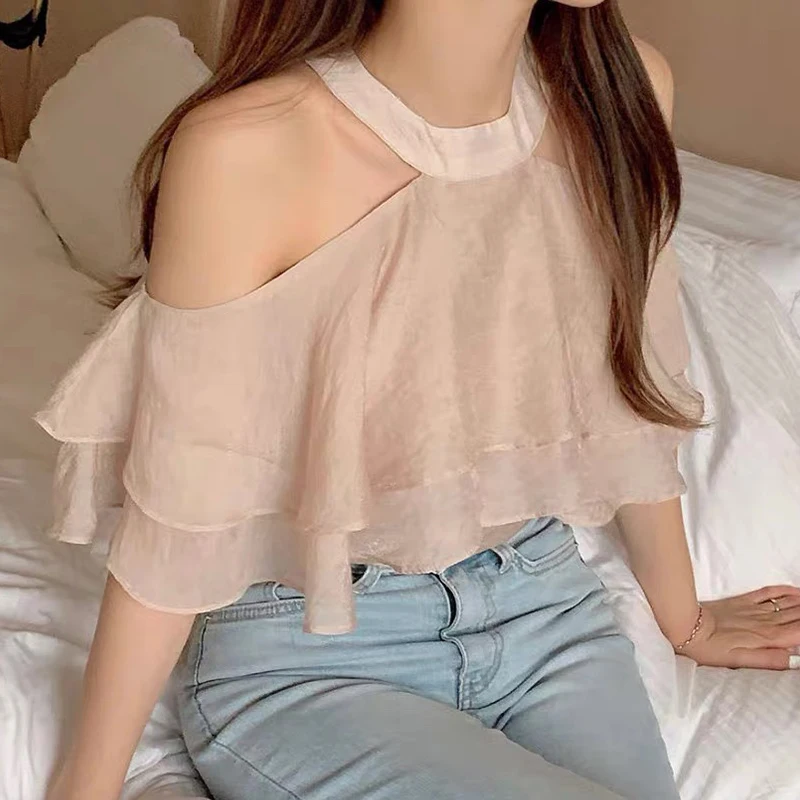 

Sweet Summer New Sle Chic Stand Collar oulder Bared Pure Color Blouse Women's Loose Fit Korean Version ort Sve irt