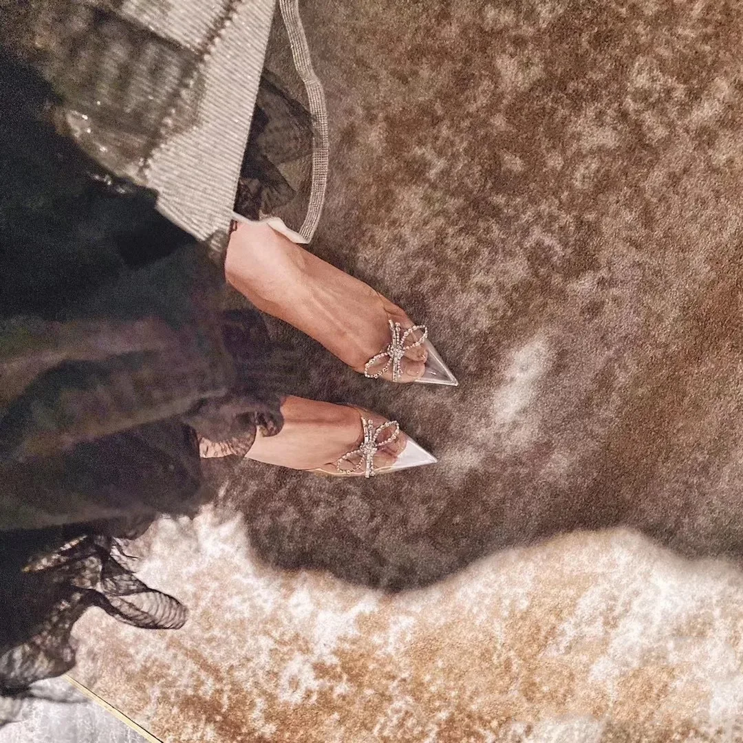 2025 Summer Transparent Crystal Slippers Pointed Toe PVC Thin Heel Rhinestone Bow Backless Sandals