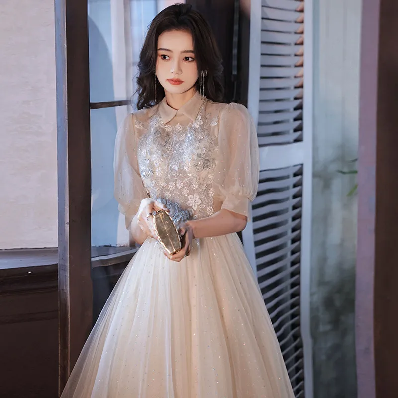 New Evening Dress Sequins Luxurious High Neck Tea-Length Empire Half Sleeves A-Line Pleat Tulle Woman Formal Party Gown A2459