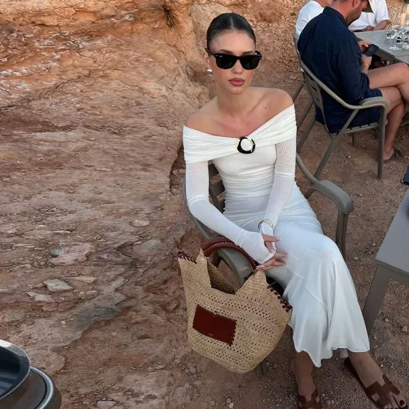 Off-Shoulder See-through Slim Long Dress Women's Sexy Strapless Slit Dress Fashion Long Sleeve Slim Beach Long Dress