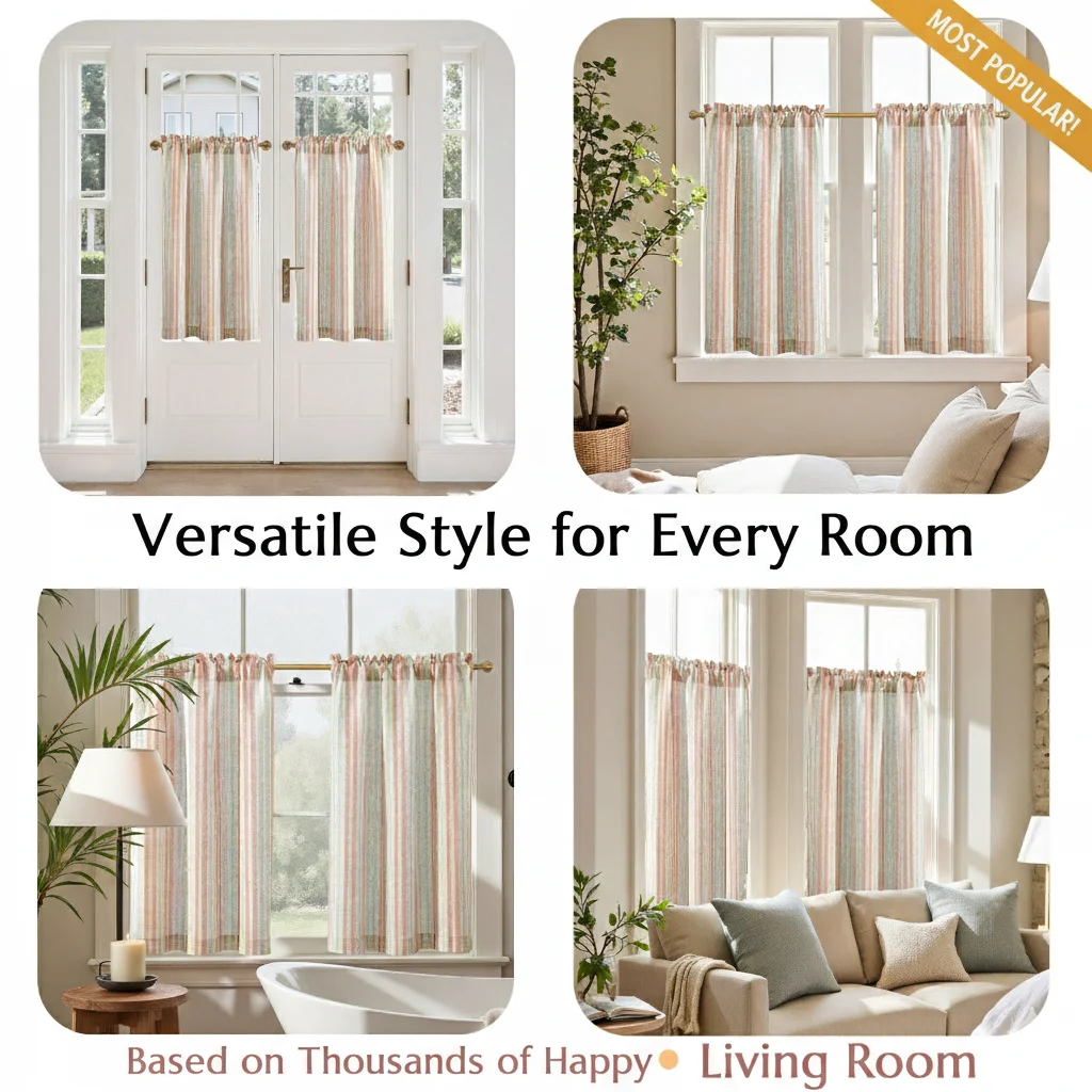 2026 New Style[Set of 2] 66x76cm/26x30in Natural Linen Look Cafe Curtains Farmhouse Boho Striped Kitchen Tiers for Small Windows