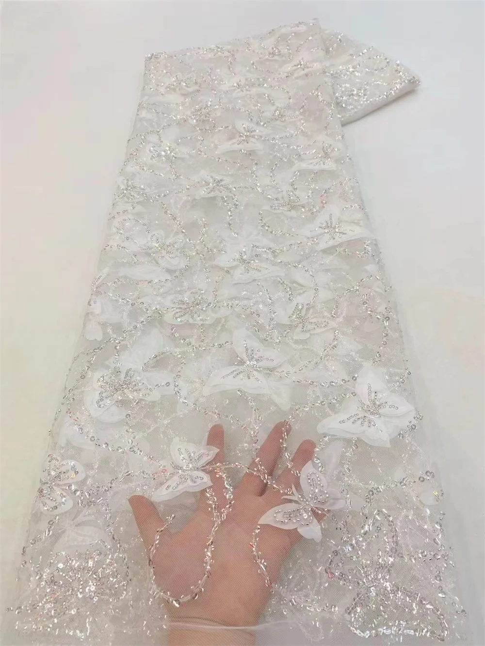 African Heavy Beaded Lace Fabric 2024 High Quality 5 Yards Nigerian Sequins Tulle 3D Fabric Material For Wedding