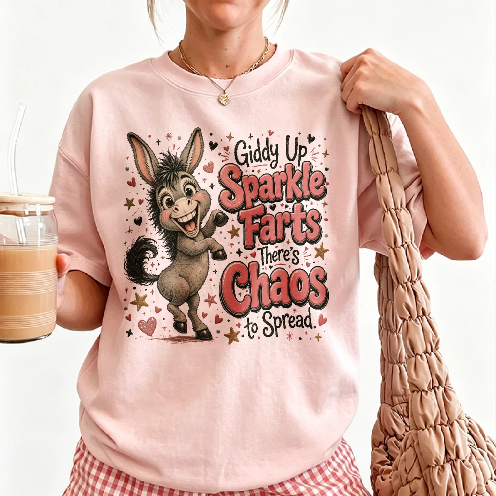 Giddy Up Sparkle Farts There's Chaos To Spread Cute Donkey Graphic T Shirt Funny Western Farm Animal Print Casual Humor Gift Top