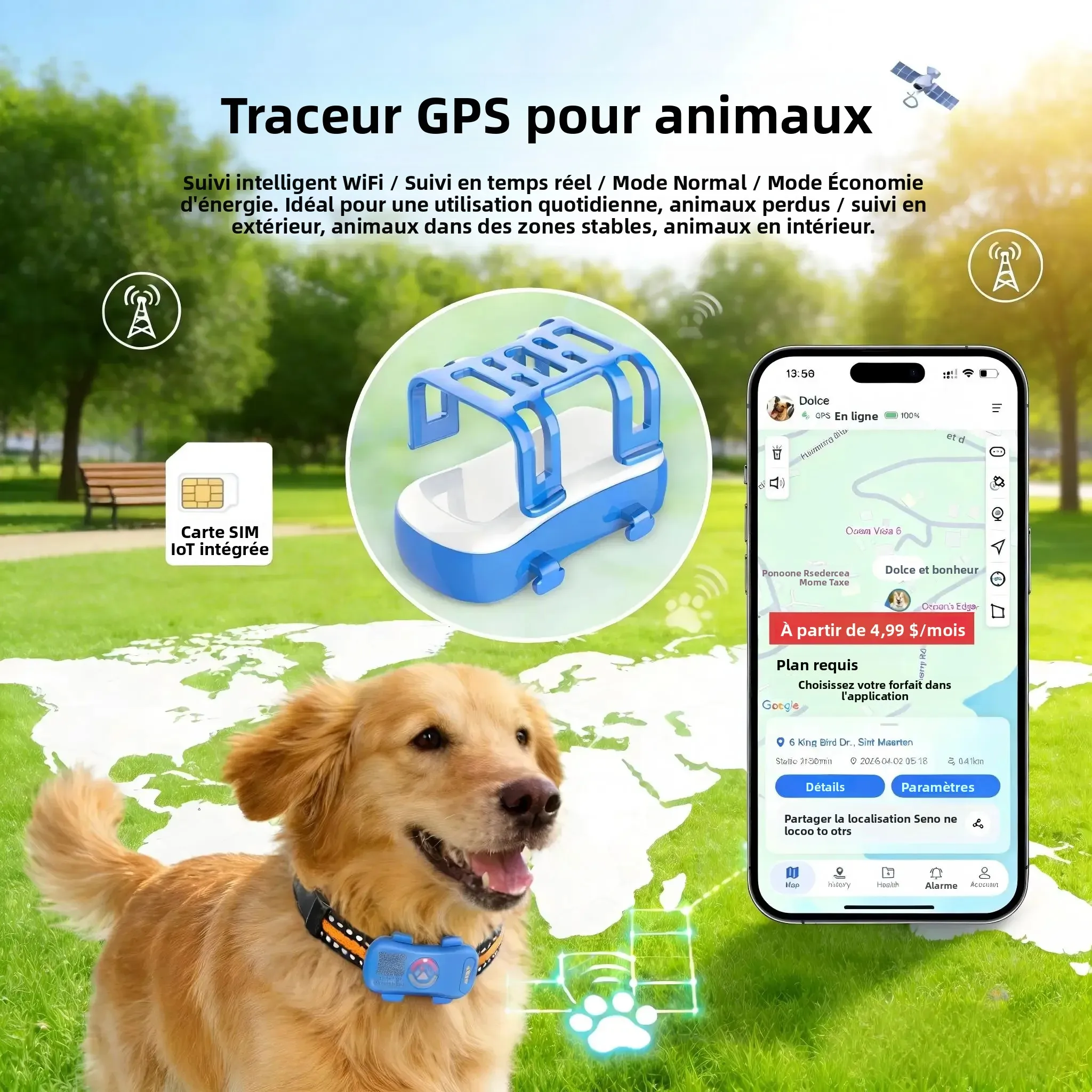 Traceur GPS pour animaux de compagnie avec abonnement requis, carte SIM 4G intégrée, suivi en temps réel, géolocalisation à domicile via Wi-Fi, étanchéité IP67 pour chiens et chats