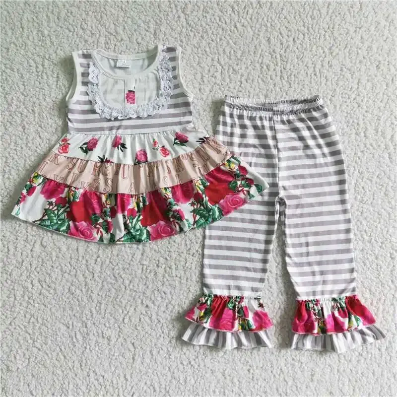 

2022 New Arrivals Festival Red White Lace Floral Sleeveless Short Shirt Stripes Suits Outfits Girls For Daily Wearing Clothes