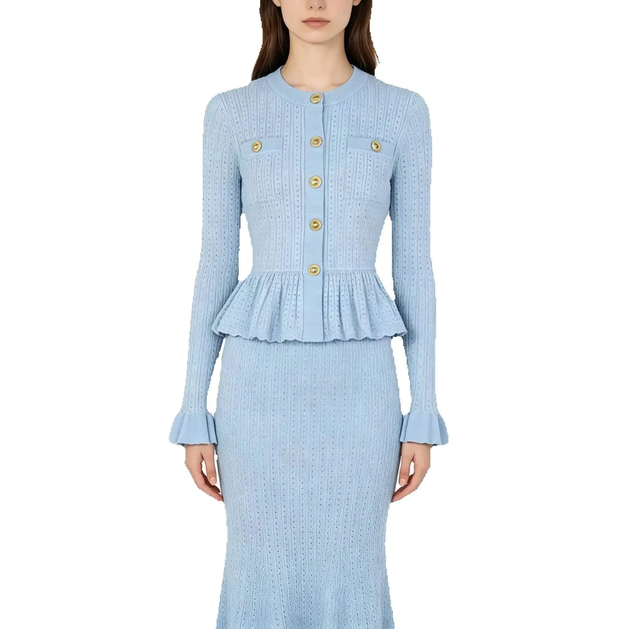 Conjunto de Alta Calidad para Mujer, Chaqueta Cárdigan Elástica de Punto con Parches y Manga Larga + Falda Larga hasta la Rodilla