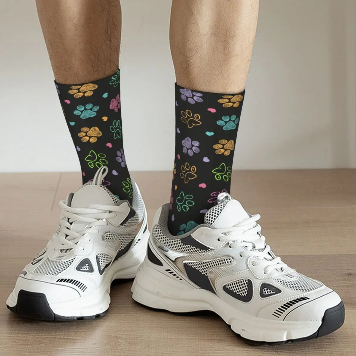 Calcetines divertidos y felices para hombre y mujer, calcetín con estampado de garabatos coloridos Harajuku, estampado de pata de perro y gato, primavera, verano, Otoño e Invierno