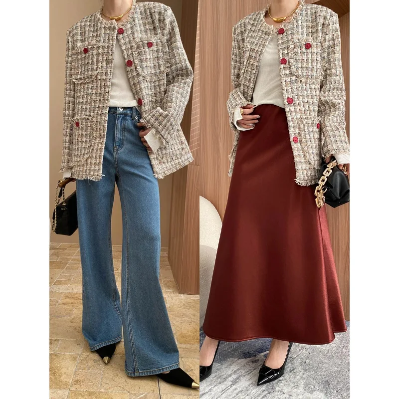 Red Button Long Tweed Jacket Spring Fall Tassel Trim Coat for Women