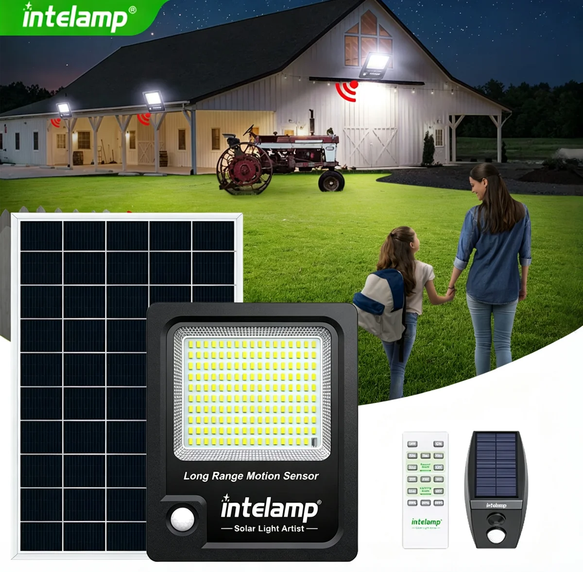 intelamp Solar-Sicherheitsflutlicht für den Außenbereich mit großem Solarpanel, 12000 mAh, zwei Bewegungssensoren, 5 m Kabel für Garten, Garage