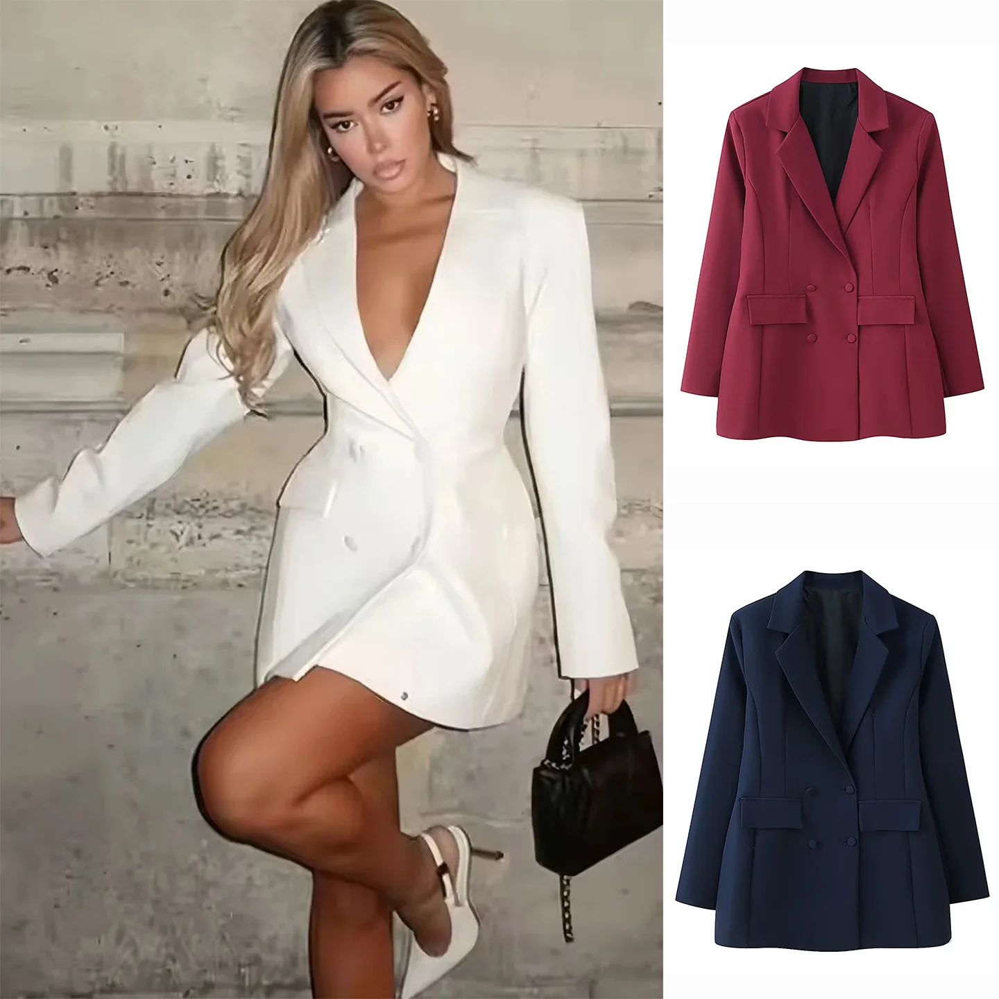 

Spring New Arrival Women's Slimming Suit Jaet Long Sve Turn-down Collar Double-breasted Waist-cinching Commute Sle