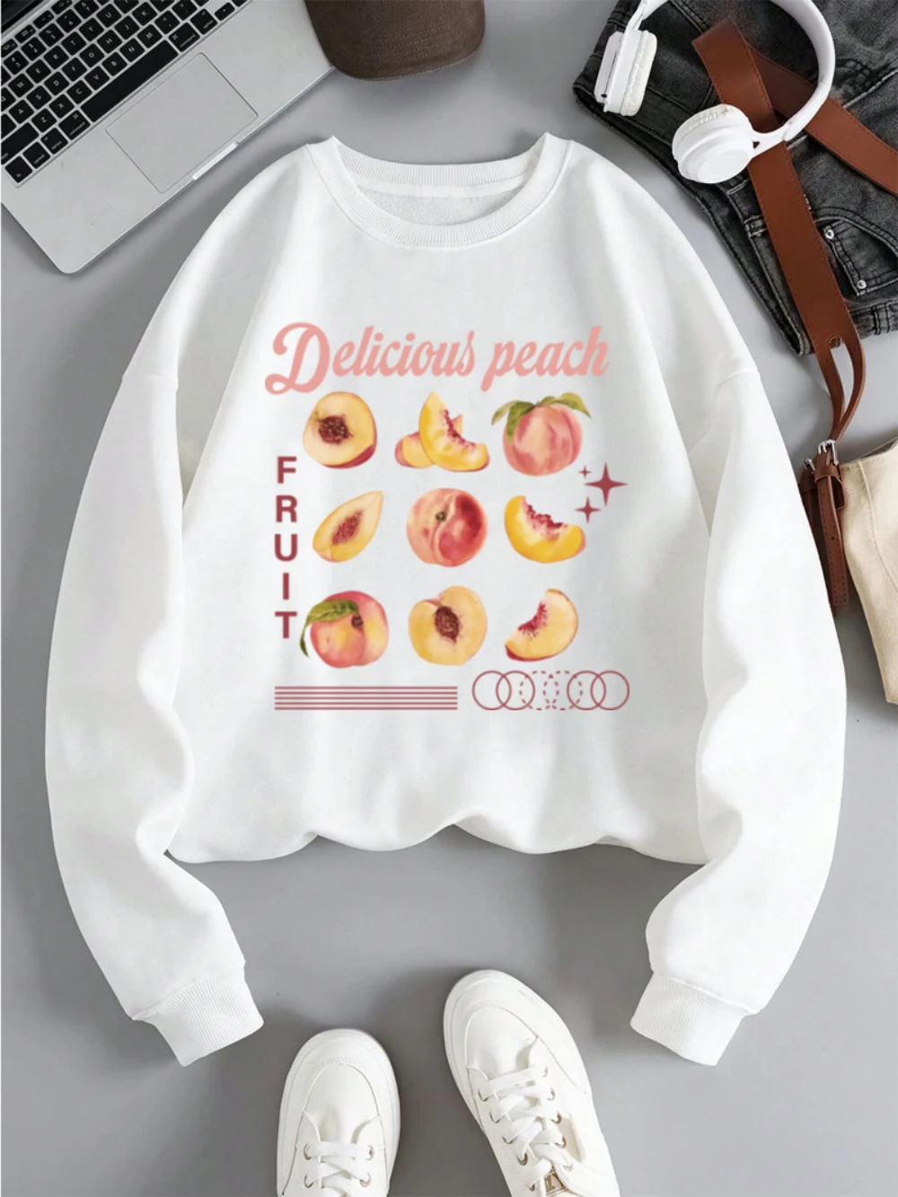 

Delicious Peach Sweatshirt Women Fresh Fruit Prints Hoodies Fleece Warm Crewneck Loose Clothes Winter Casual Female Pullovers