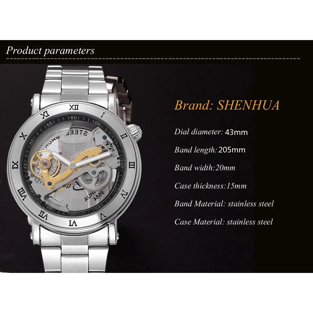 SHENHUA 남성용 투명 자동 기계식 시계, 스테인리스 스틸 스트랩, 빈티지 스켈레톤 시계, 야광 남성 시계