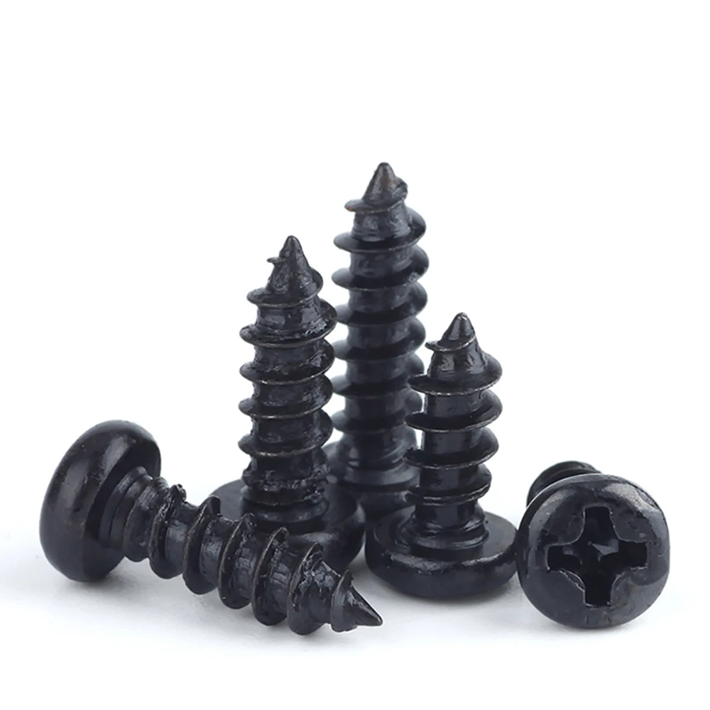 100pcs Cross Round Head Phillips Self-tapping Screws M1 M1.2 M1.4 M1.5 M1.7 M2 M2.3 M2.6 M3 M3.5 M4 Black Carbon Steel Screw