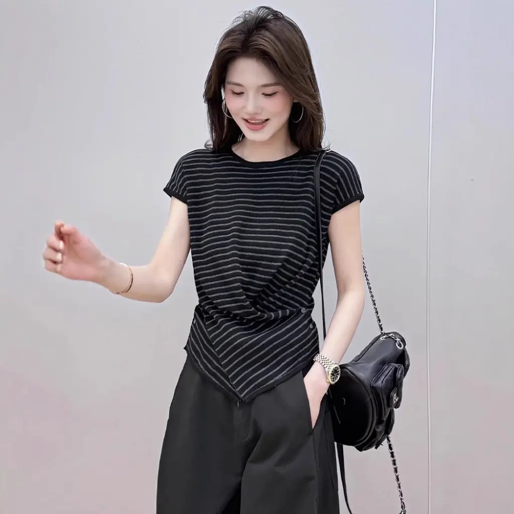 

Women's Ice Silk Knitwear round Neck Short Sleeve Top Fashionable Western Style Tight Waist Design Summer New
