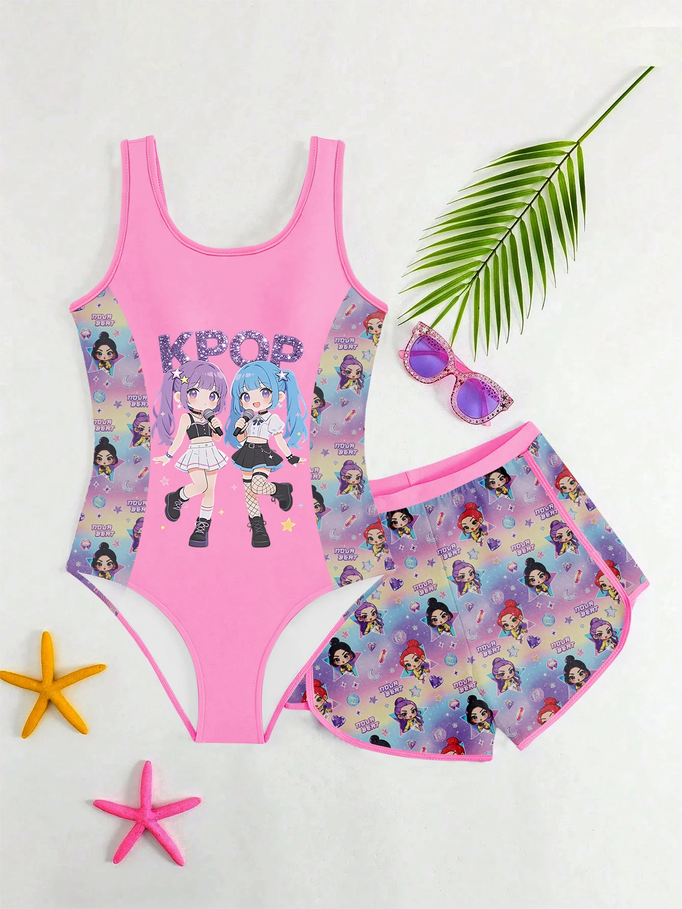Sweet & Cool Two-piece Swimsuit for Girls, Gradient Pink & Purple with Cartoon Idol Print, Tank Top Style Swimwear with Shorts,