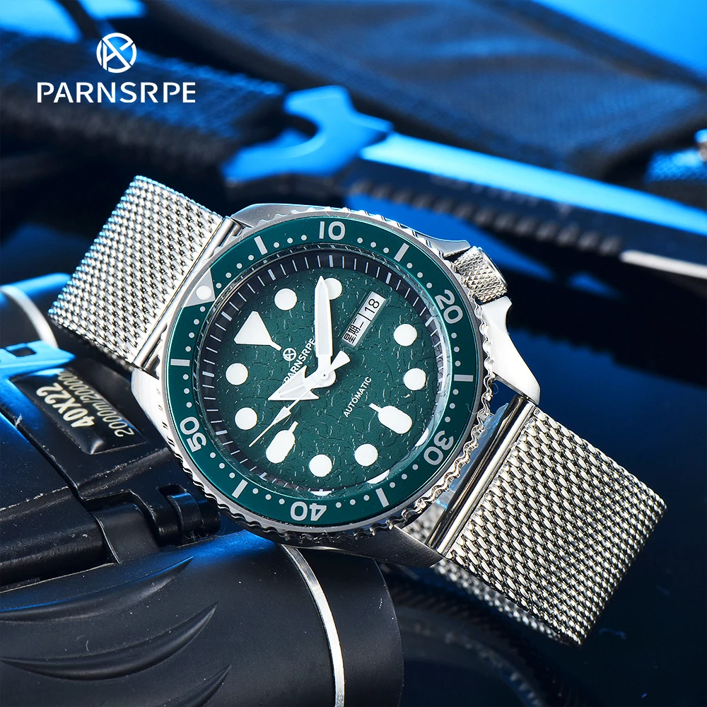 PARNSRPE Diving Automatic Men\'s Watch NH36 Movement Super Green Luminous Dial Date Display Sports Casual Men\'s Mechanical Watch