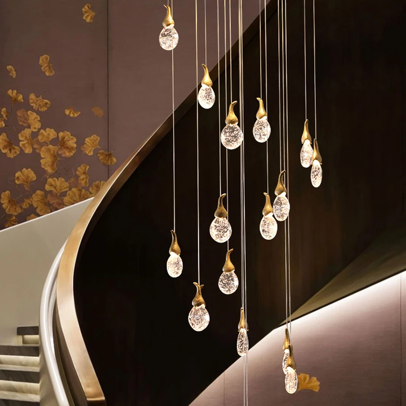 Bronze Staircase Chandelier Modern Designer Gourd Shaped Living Room Lamp Personality Restaurant Penthouse Crystal Chandelier