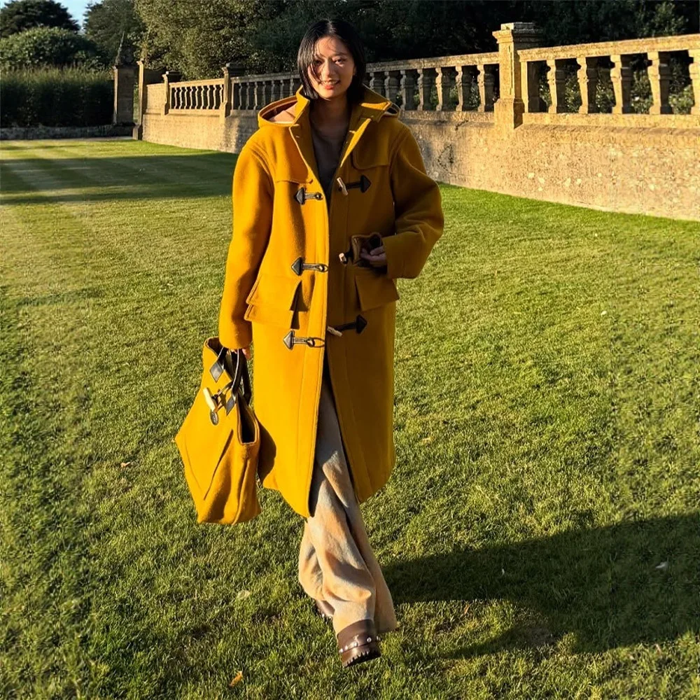 

Осень-зима 202, новое женское полушерстяное длинное пальто с капюшоном, свободное повседневное универсальное темно-синее рыже-желтое двух вариантов цвета