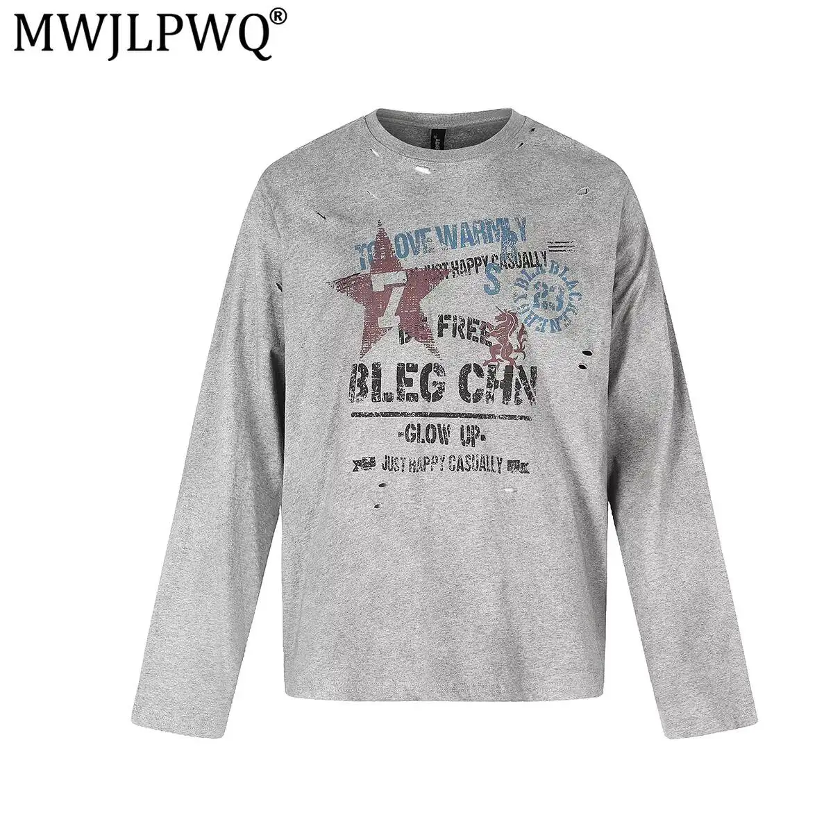 MWJLPWQ 2026 Autumn New American Street Style Long Sleeve Men's T-Shirt Washed Distressed Printed Crew Neck Base Tops 20072
