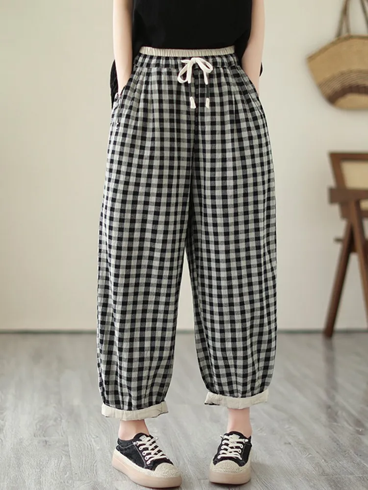 Women Casual Ankle-length Pants New Arrival 2023 Autumn Vintage Style Plaid Pattern Loose High Waist Female Harem Pants B2925