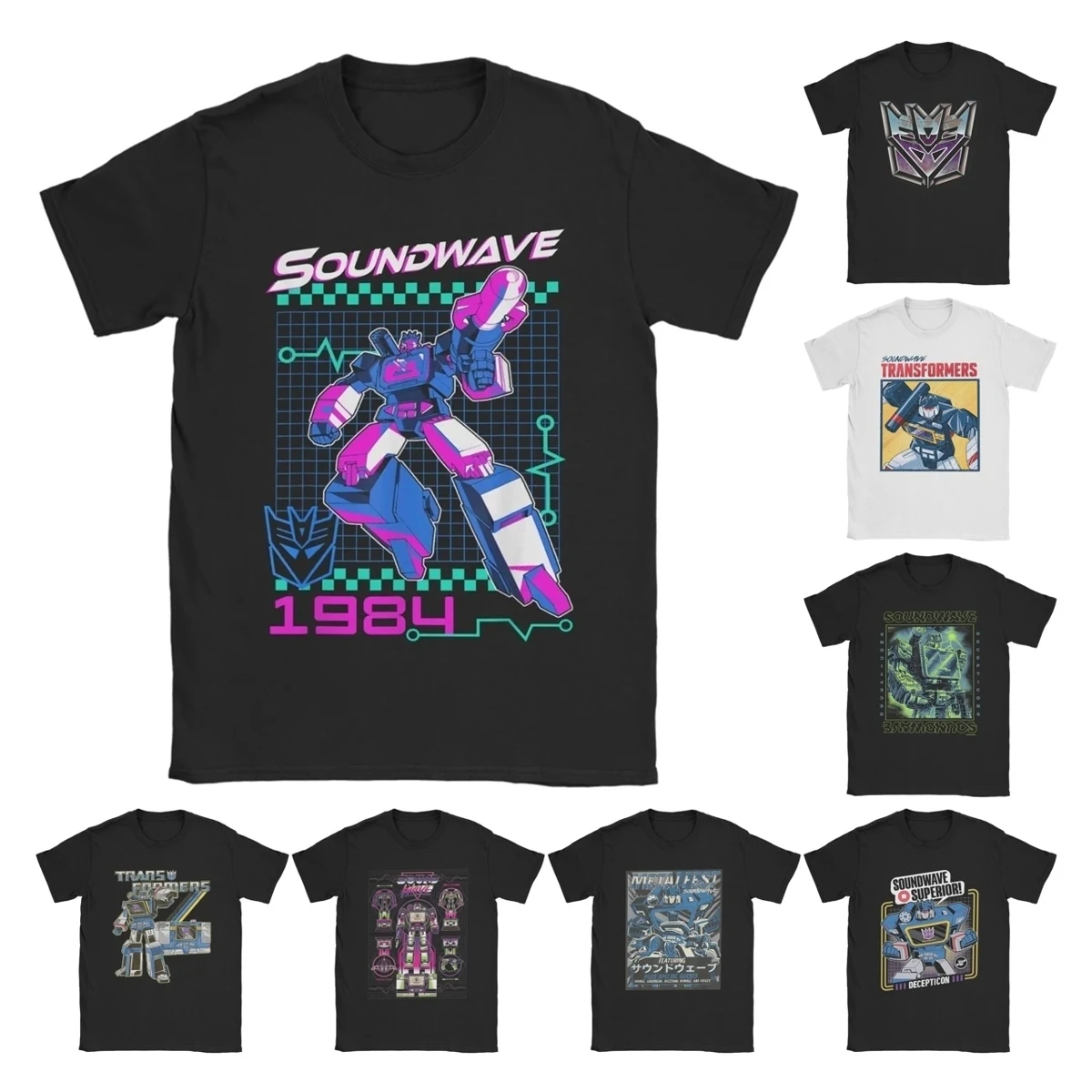 

Fun Transformers Soundwave 1984 Retro Grid Logo T-Shirt Men 100% Cotton T Shirts Decepticons Short Sleeve Tee Shirt Unique merch