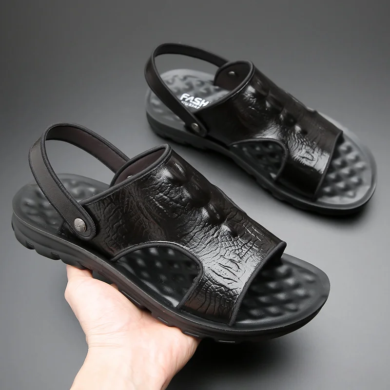 

Classic Men's Sandals with Slippers Summer Hollow Beach Shoes for Men Cowhide Slippers High Quality Crocodile Pattern Man Sandal