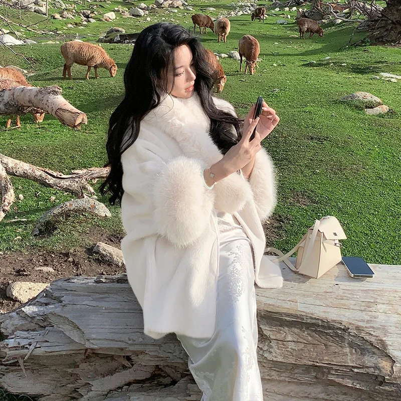 

Eco-Friendly Fur Coat Women's Winter Plu Jaet Ele Sle V-Ne Long Sve Thiened Mid-Length k Color