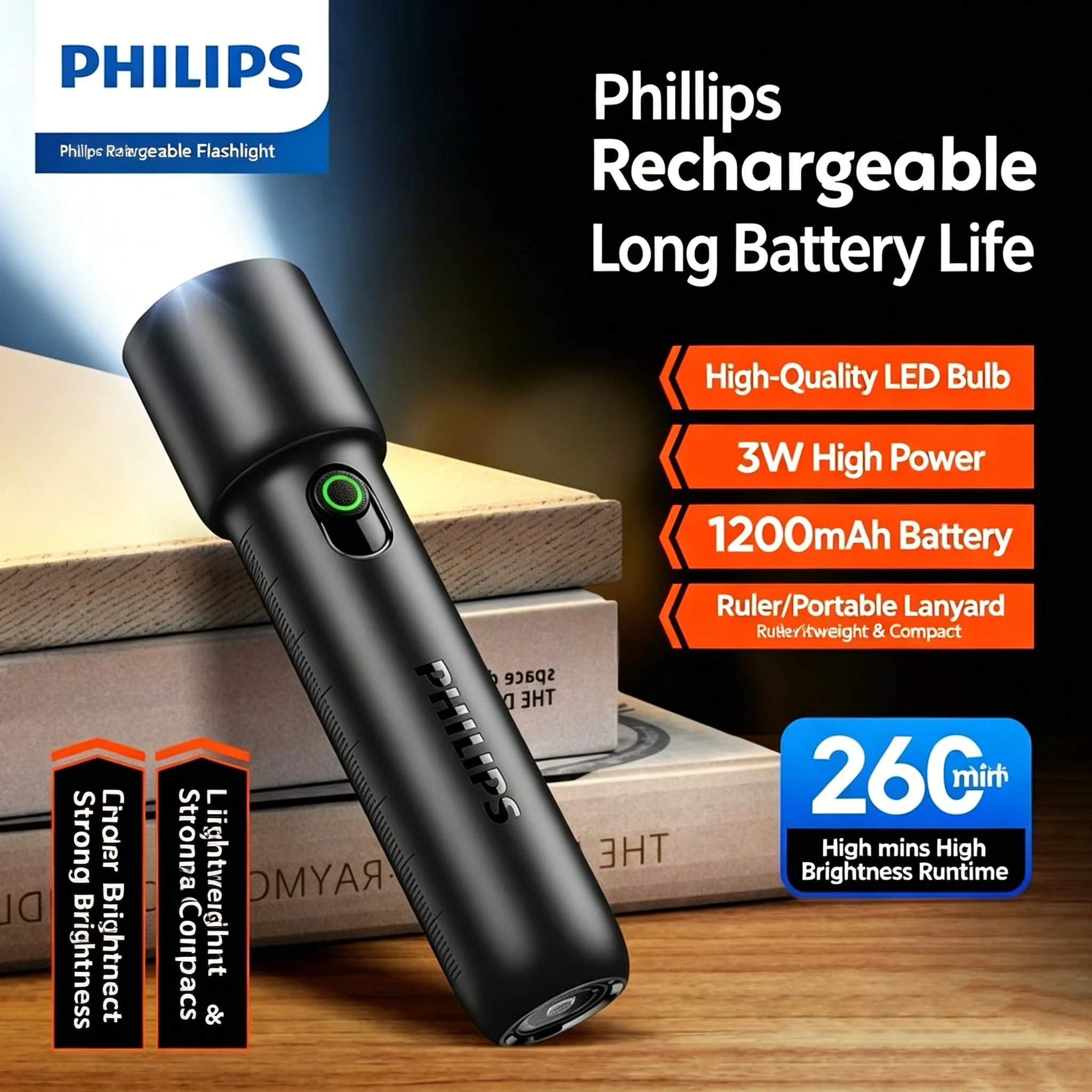 Philips SFL1235 Portable Handheld Flashlight LED Light with Adjustable Modes Lightweight for Camping And Reading