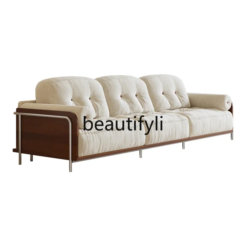 

Solid wood retro sofa small apartment living room three-person straight row removable and washable antique fabric sofa