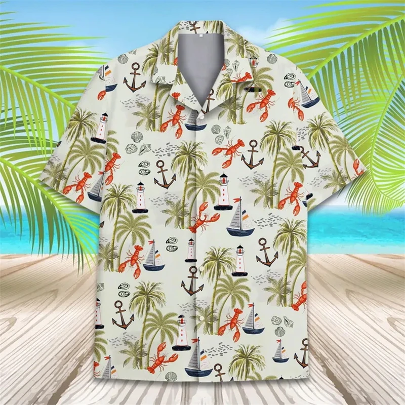 

Гавайская рубашка для мужчин и женщин с 3D-принтом «Лобстер и пиво», летняя рубашка для отдыха, с коротким рукавом, на пуговицах, с изображением рака