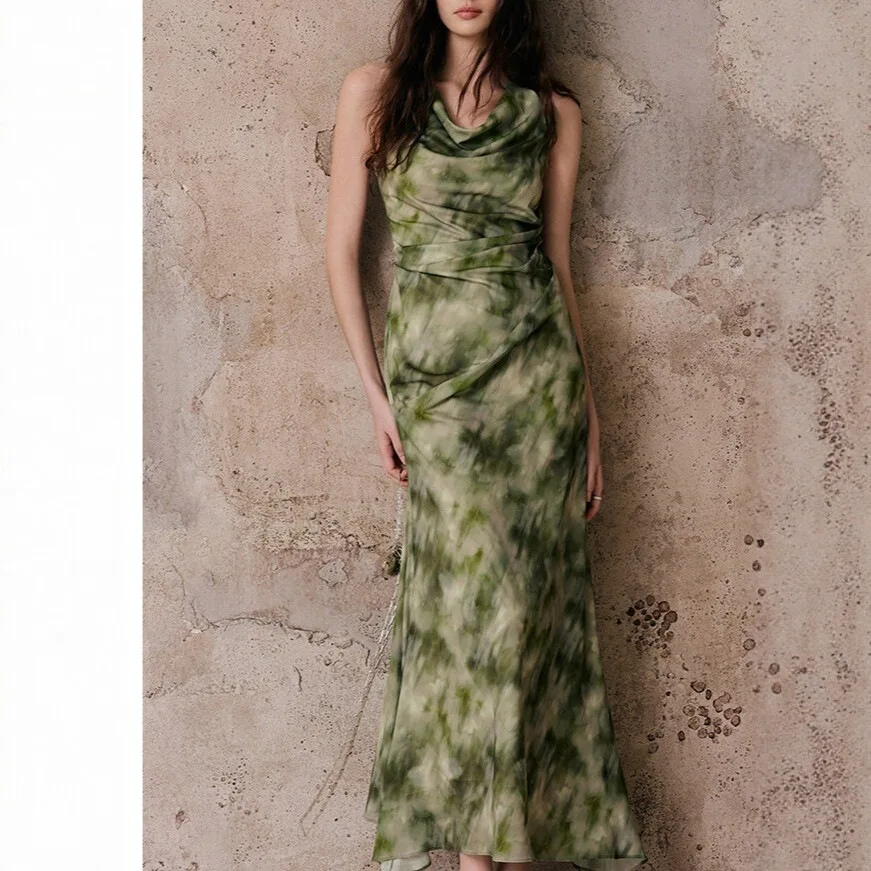 2026 Summer New Art Smudge Hazy Mesh Printing Knitted Swinging Neck Fishtail Tall Dress