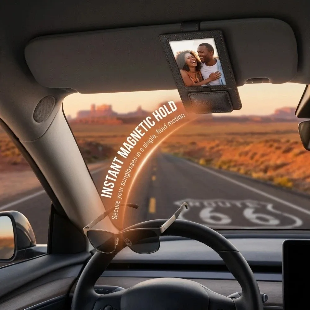 2-in-1 Car Visor Clip Anti-Fall Universal Magnetic Sun Visor Clip with Photo/ID Card Slot Decorative Sunglasses Holder Clip
