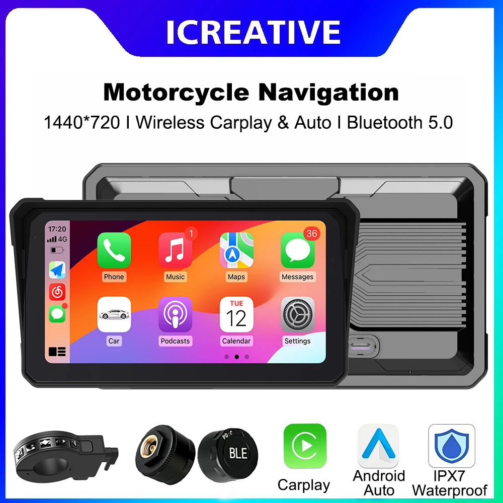 Icreative 6 Inch Smart Motorcycle Portable Display Screen Multimedia Player Wireless CarPlay Android Auto Navigation GPS Monitor
